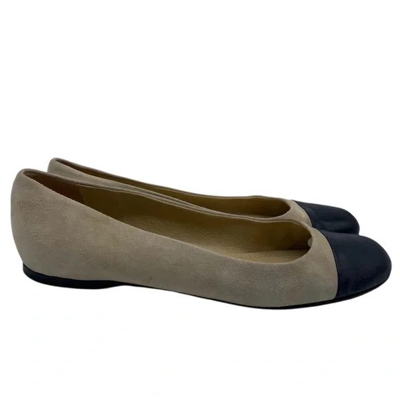 Garnet Hill Womens Shoes Leather Flats Sz 8 Tan Black Suede Cap Toe Italy Chic - Picture 2 of 11